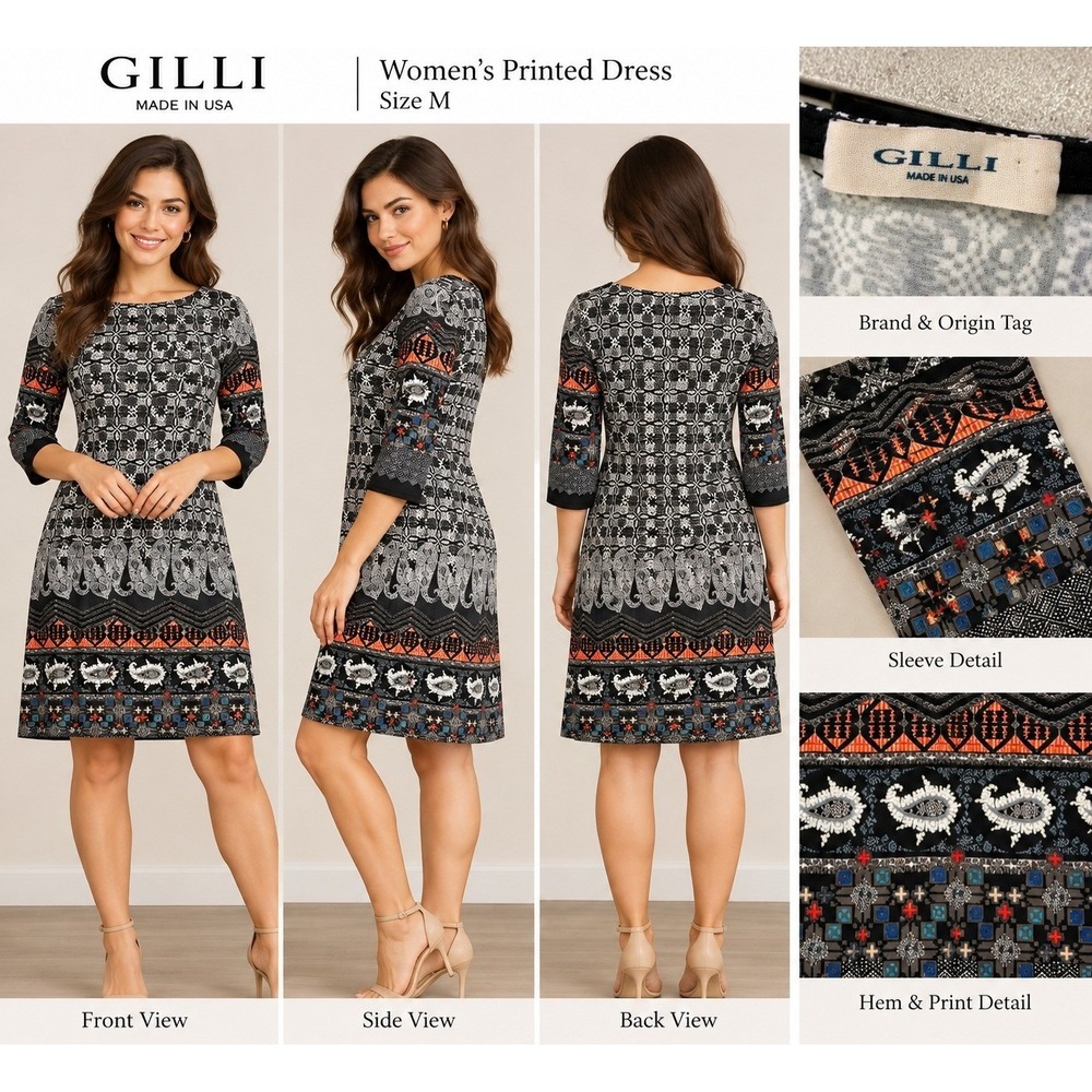 Gilli Printed Dress Womens L Black Orange Excellent Boho Eclectic Paisley 3/4 Sl